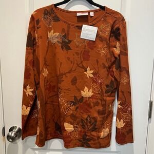 Quaker Factory Joanne Rice Womens Long Sleeve Maple Leaf Rhinestone Top Orange M